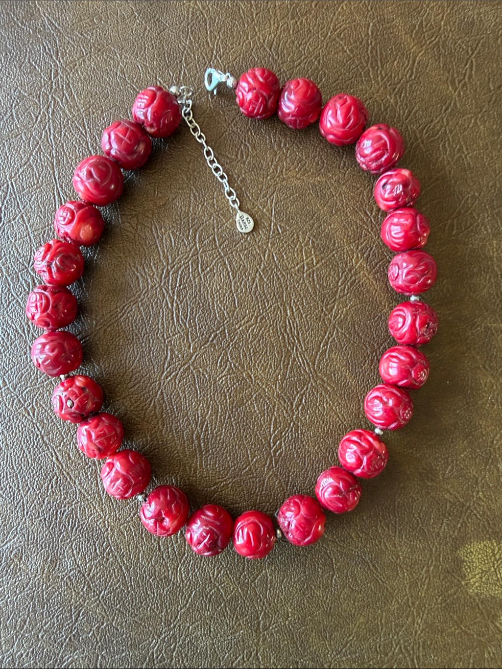 Studio Barse Vintage Red Carved Cinnabar Bead Necklace Sterling Silver Clasp